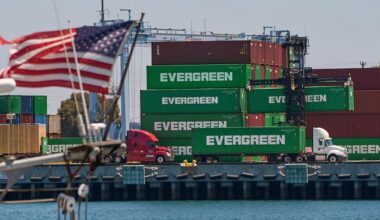 Shipping containers sit stacked at the Evergreen terminal at the port of Los Angeles, Friday, Aug. 1, 2025. (AP Photo/Damian Dovarganes)