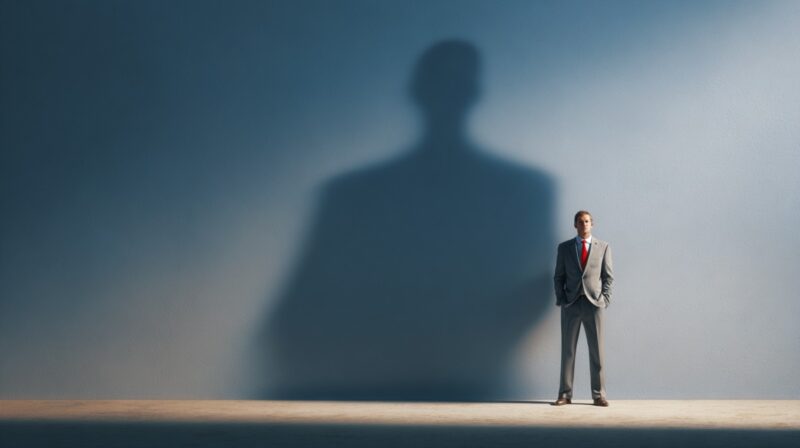 A businessman in a suit stands against a wall, with his shadow looming much larger, symbolizing concerns outweighing optimism