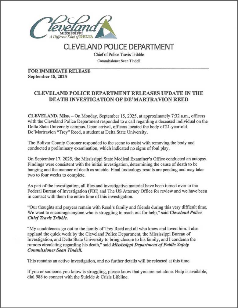 Cleveland Police Department releases update in the death investigation of De'Martravion Reed