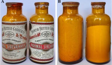 Two Antique Glass Bottles Containing Yellow Powder