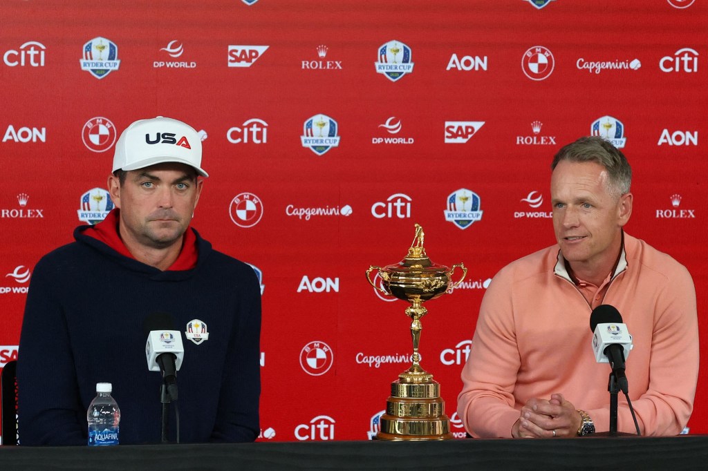 Team USA captain Keegan Bradley and Team Europe captain Luke Donald appear during a news conference Monday ahead of the Ryder Cup.