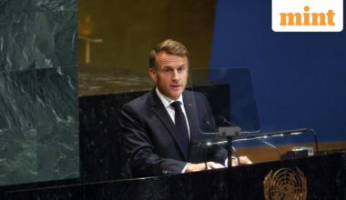 French President Emmanuel Macron at the UNGA meeting organised by France and Saudi Arabia in support of a two-state solution between Palestine and Israel on September 22, 2025 in New York City.