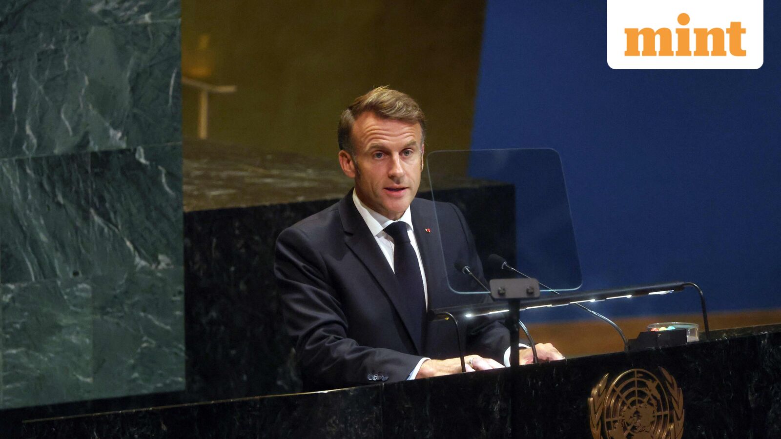 French President Emmanuel Macron at the UNGA meeting organised by France and Saudi Arabia in support of a two-state solution between Palestine and Israel on September 22, 2025 in New York City.