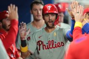 Sep 7, 2025; Miami, Florida, USA; Philadelphia Phillies shortstop Trea Turner (7) celebrates after hitting a home run against the Miami Marlins during the sixth inning at loanDepot Park. Mandatory Credit: Sam Navarro-Imagn Images