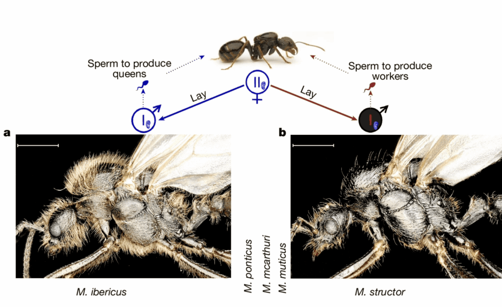 a sketch showing the queen laying two types of males ants