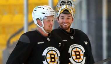 Bruins goaltender Jeremy Swayman was an eager participant at a captain’s practice along with new teammate Casey Mittelstadt at Warrior Ice Arena on Thursday morning.