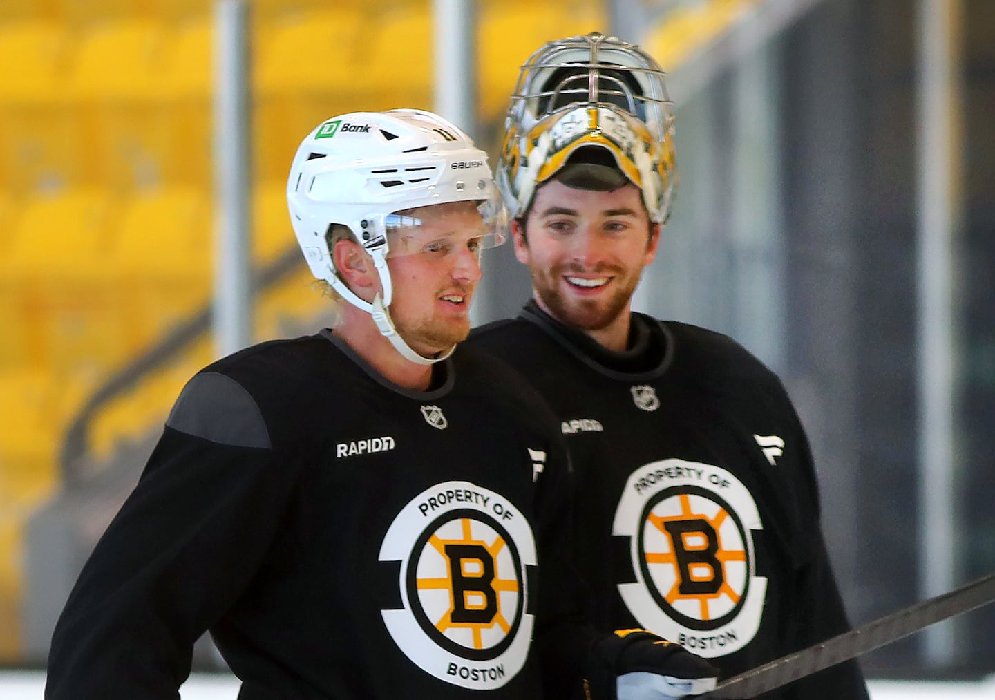 Bruins goaltender Jeremy Swayman was an eager participant at a captain’s practice along with new teammate Casey Mittelstadt at Warrior Ice Arena on Thursday morning.