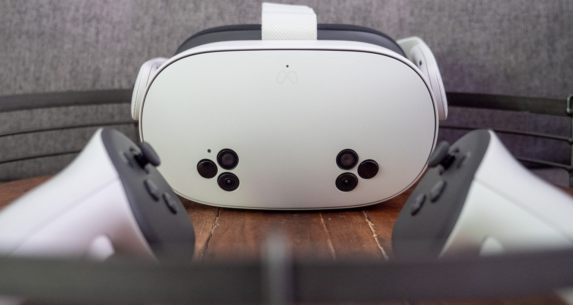 A Meta Quest 3S headset with both of its included controllers