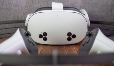 A Meta Quest 3S headset with both of its included controllers