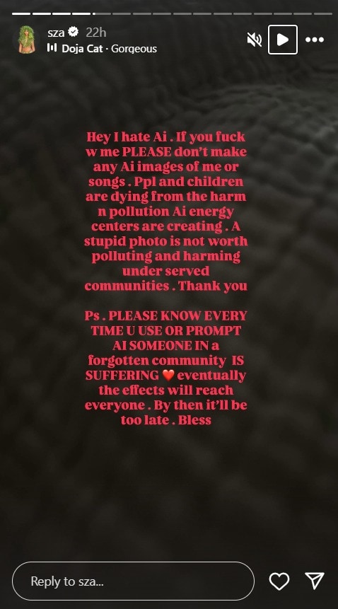 SZA blast sAi and urges fans to not use AI for 'stupid photos' on her Instagram stories.(Screenshot, SZA/Instagram)