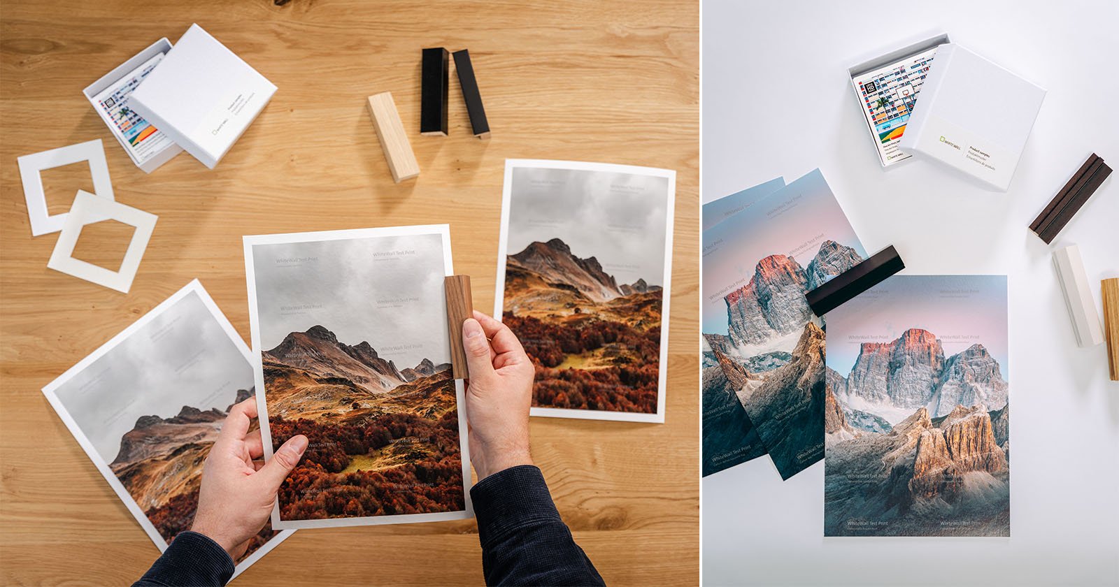 A person compares printed landscape photos on a wooden table, using color swatches. Nearby are art supplies, frames, and more prints, including mountain scenes and colored pencils in open boxes.