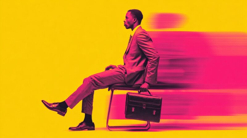 Man in a business suit holding a briefcase, sitting on a chair with blurred motion effect, symbolizing job market slowdown