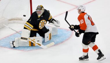The Flyers’ Bobby Brink beats Bruins goalie Jeremy Swayman for the winning goal in the shootout.