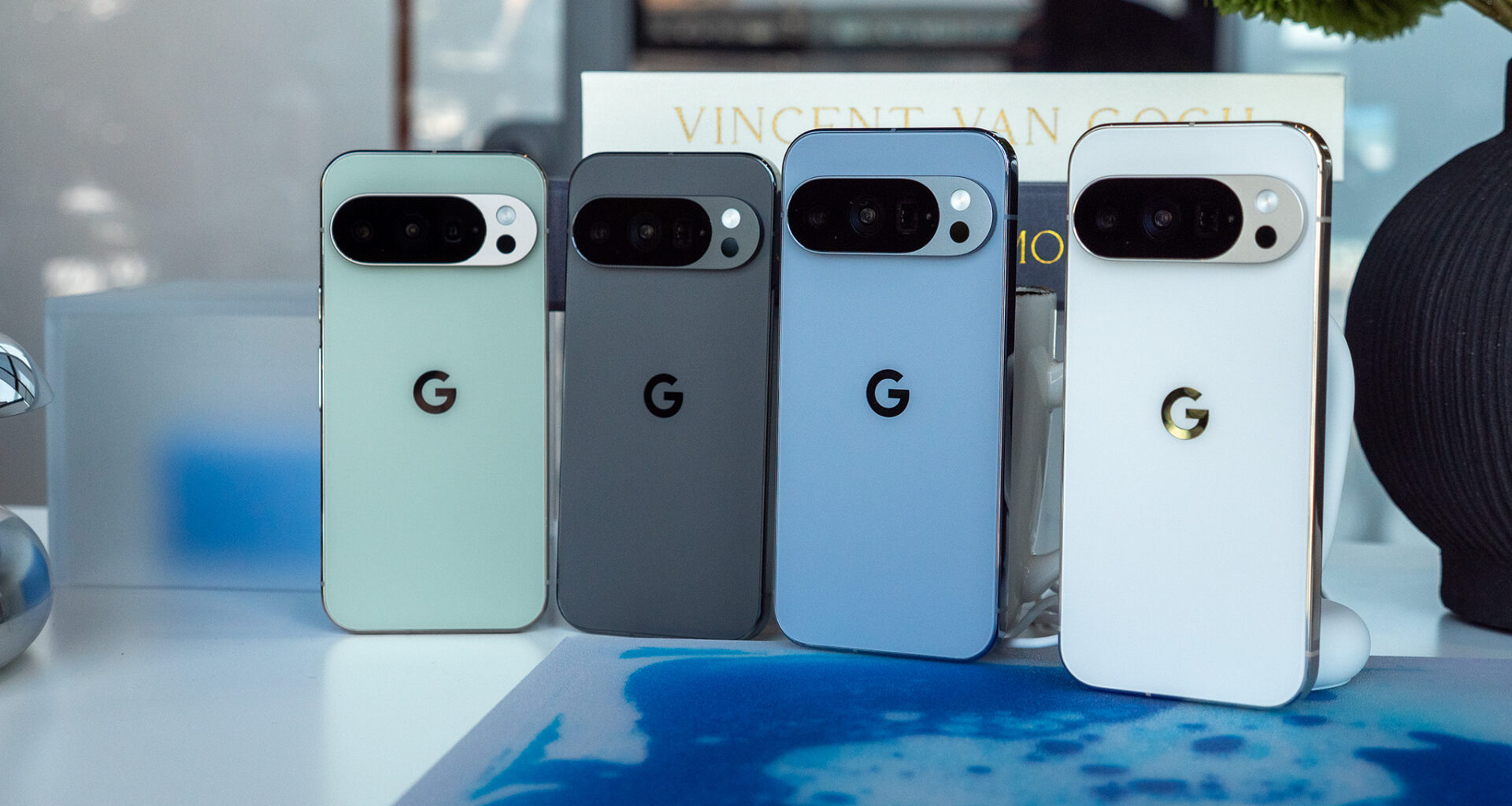 The backs of the Jade and Obsidian Pixel 10 Pro's alongside the Moonstone and Porcelain Pixel 10 Pro XL models