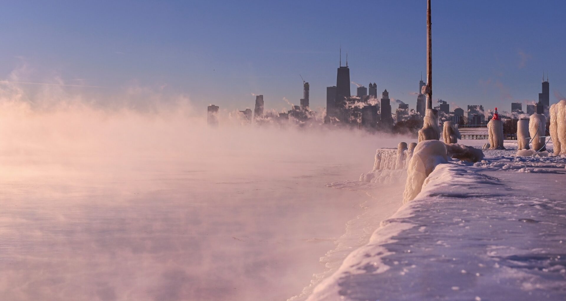 A Landscape Photo Of The Chicago Skyline During The Polar Vortex Moving Across Lake Michigan