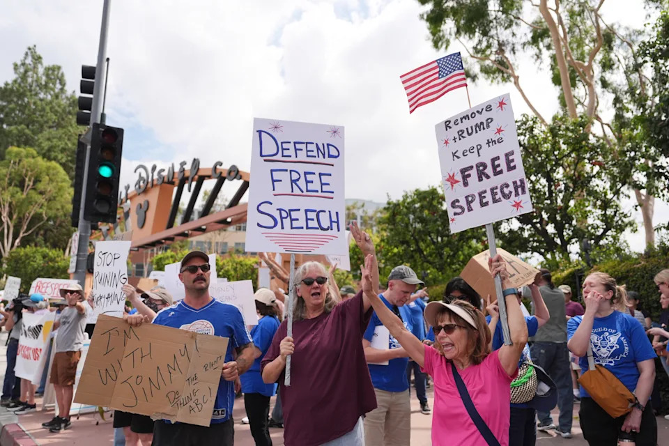 Demonstrators picket in response to the suspension of Jimmy Kimmel's late-night show outside of Walt Disney Studios in Burbank, Calif.