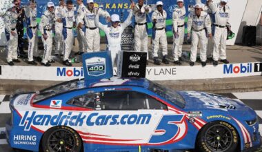 Apr 5, 2025; Darlington, South Carolina, USA; NASCAR Cup Series driver Joey Logano (22) talks with media at Darlington Raceway. Mandatory Credit: Jim Dedmon-Imagn Images