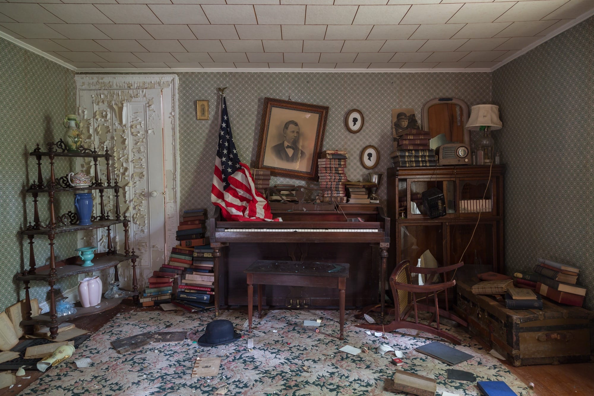 a photo of a room with a piano inside an abandoned house by Bryan Sansivero