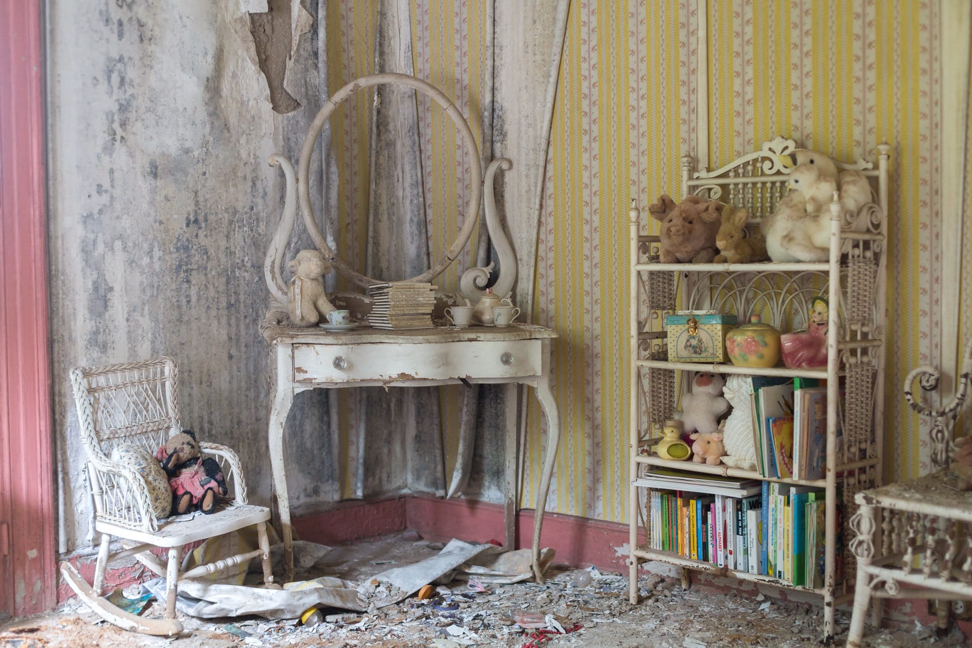 a photo of a room with a vanity inside an abandoned house by Bryan Sansivero