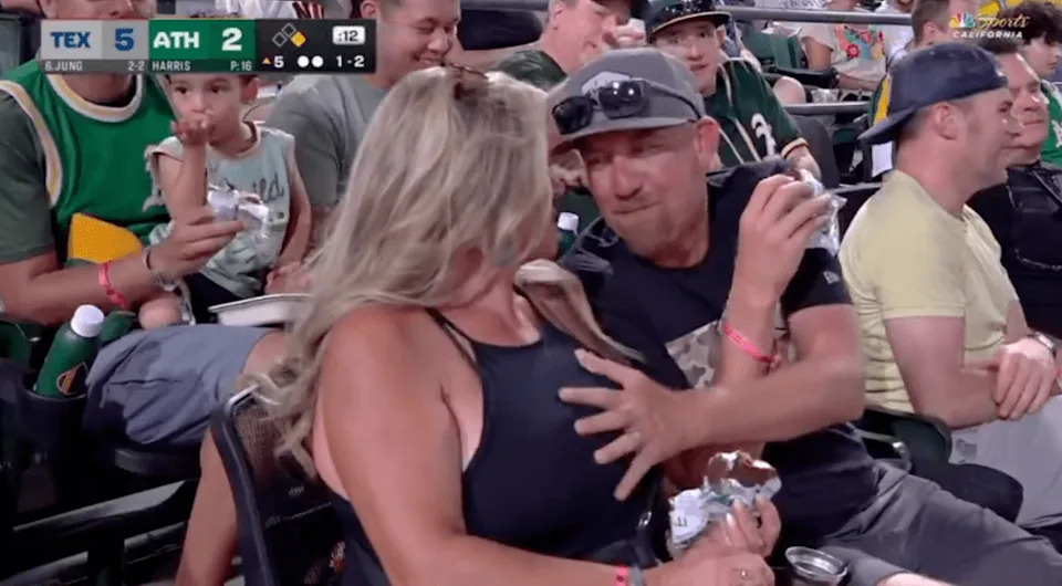 Two fans were shown in a sexual act during the A’s-Rangers game on Aug. 30, 2025. X / @JomboyMedia