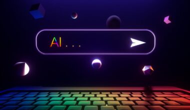 AI in a search bar above a rainbow-lit keyboard