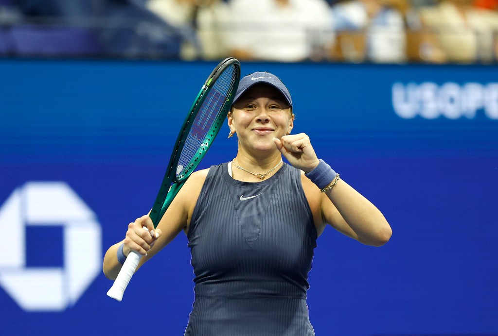Amanda Anisimova celebrates a victory at the US Open.