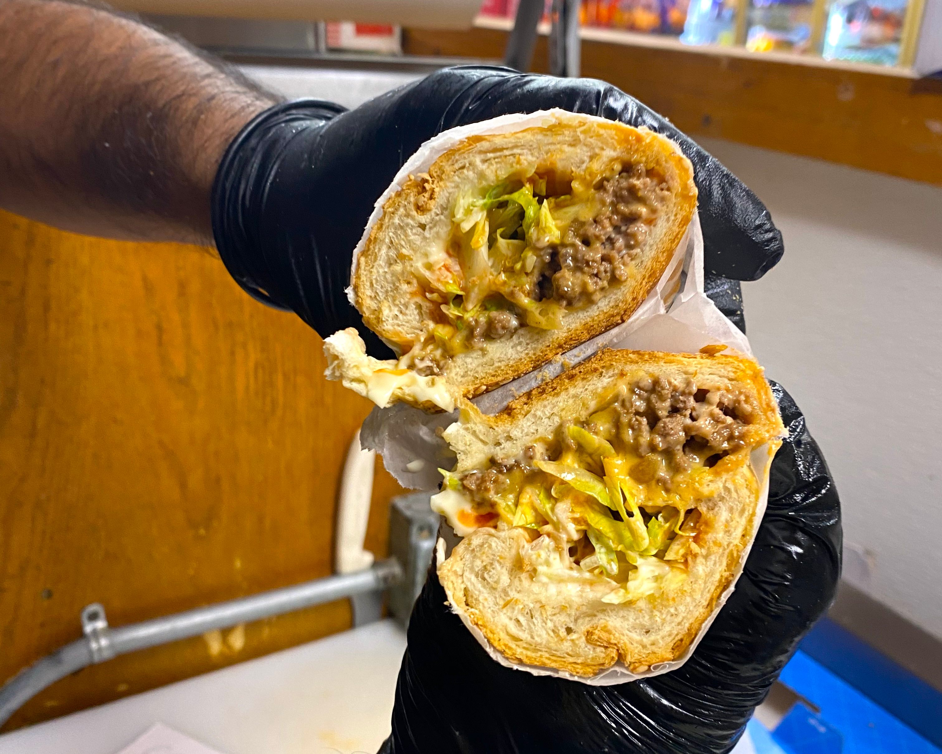 A chopped cheese sandwich from Hajji’s in Harlem.