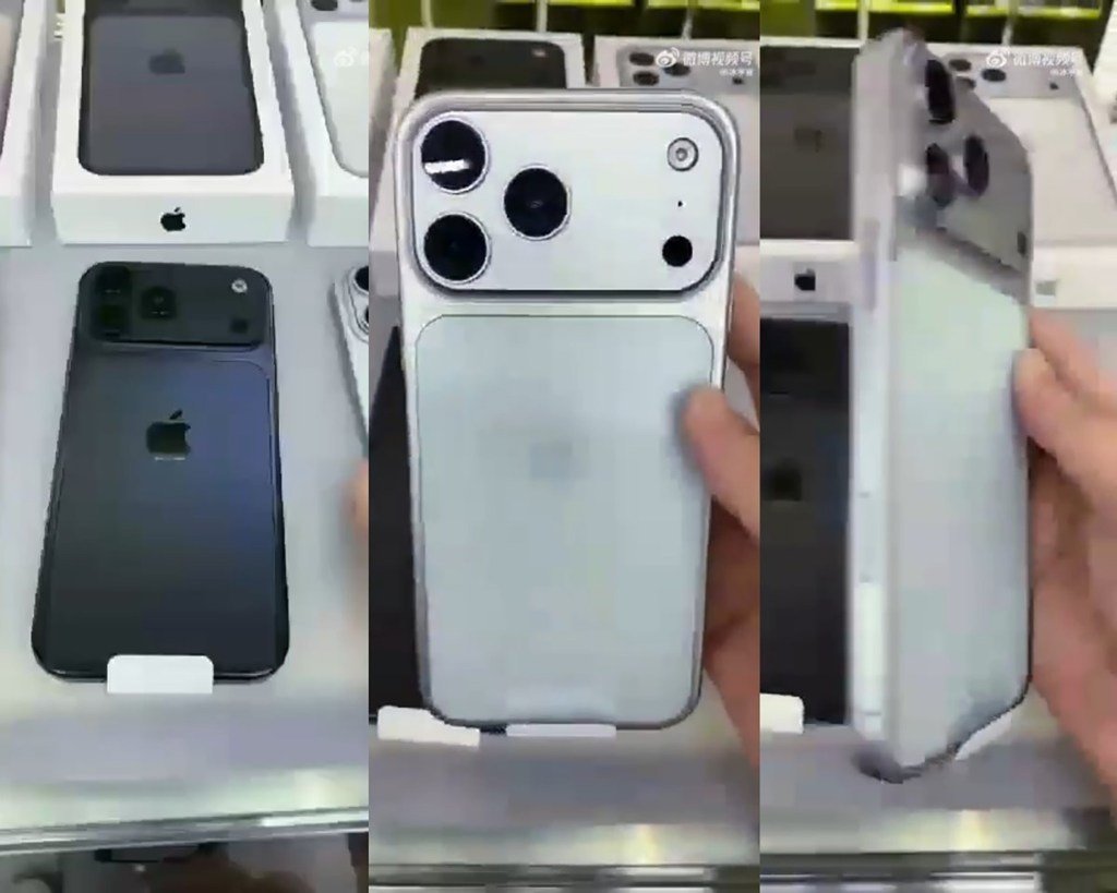 A Weibo clip allegedly shot on an iPhone production line shows a silver handset with a full-width camera bar stretching across the top.