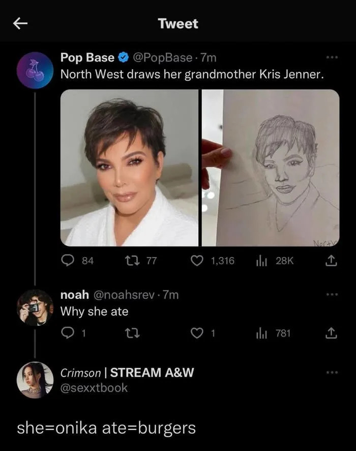 A tweet showing Kris Jenner's portrait next to North West's sketch of her, a response that reads "Why she ate" and another response that reads "she=onika ate=burgers"