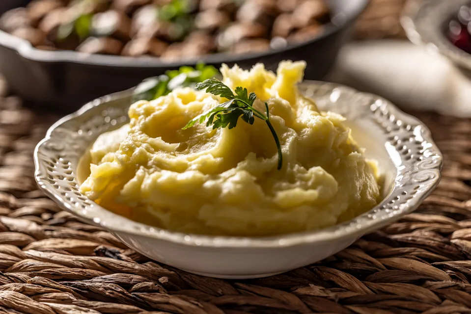Mashed potatoes in white bowl with parsley herbs on kitchen table.