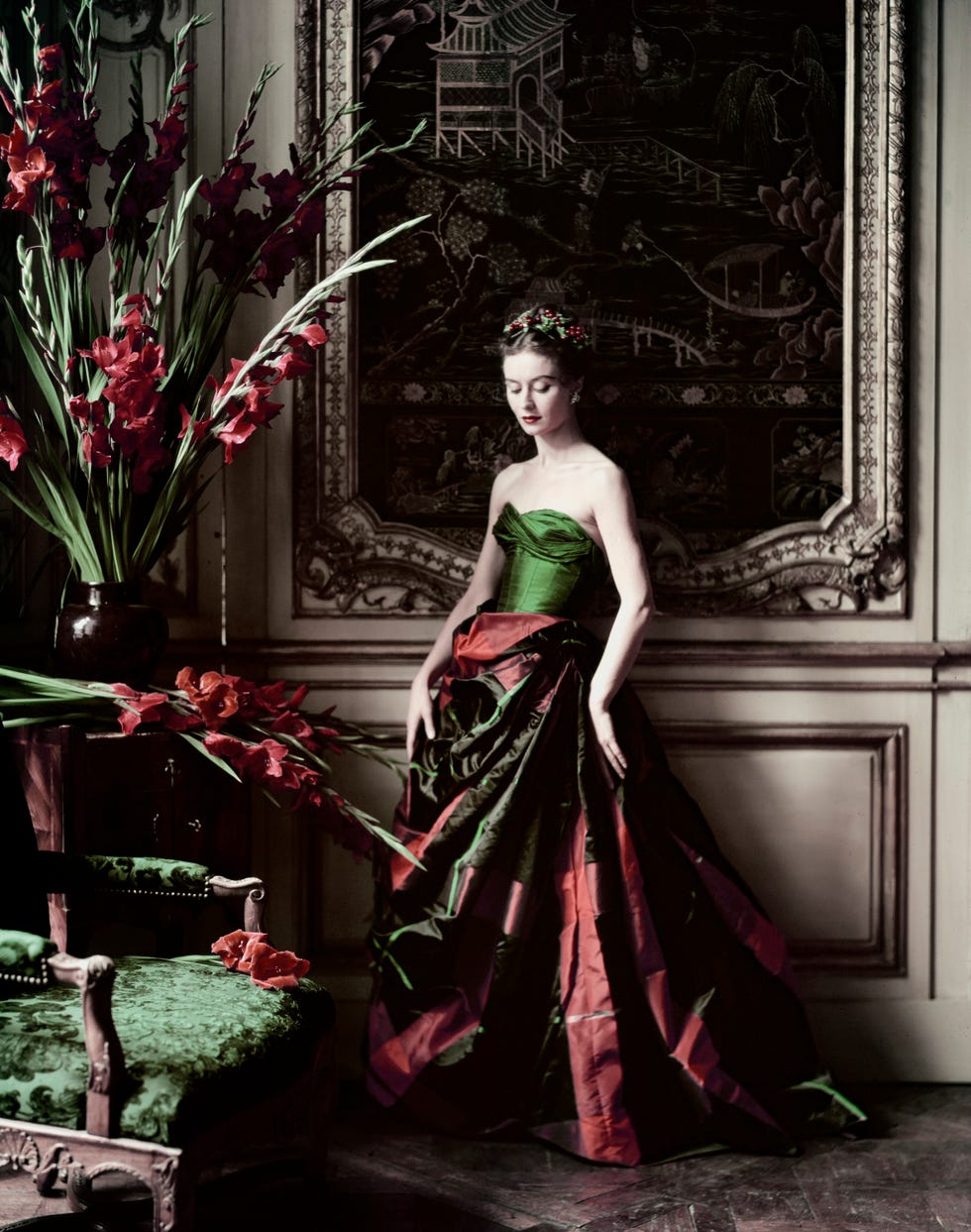 best invitation of the season (nina de voe in ball gown by balmain), 1951, original colour transparency, the condé nast archive, new york