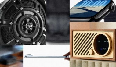 Close-up views of various modern electronic devices including a black circular speaker with a Yamaha logo, a smartwatch displaying the time 10:09, a wooden Tivoli Audio Model One Digital radio showing WiFi and AirPlay2 connectivity, and a side profile of a slim smartphone being held by a hand.