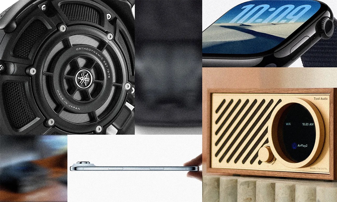Close-up views of various modern electronic devices including a black circular speaker with a Yamaha logo, a smartwatch displaying the time 10:09, a wooden Tivoli Audio Model One Digital radio showing WiFi and AirPlay2 connectivity, and a side profile of a slim smartphone being held by a hand.