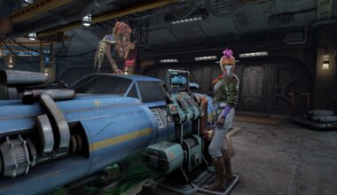 A screenshot from Star Wars: Beyond Victory showing Sebulba standing atop a podracer in a garage, while Luuda stands next to it.