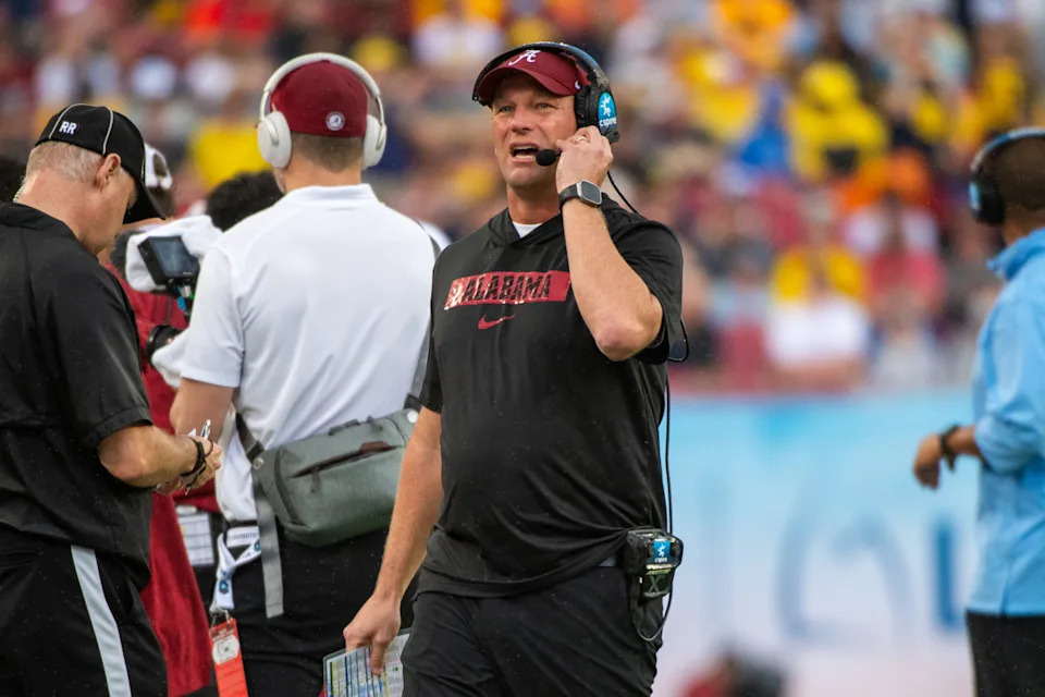 TAMPA, FLORIDA - DECEMBER 31: Head Football Coach Kalen DeBoer of the Alabama Crimson Tide is seen on the sideline during the first half of the 2024 ReliaQuest Bowl against the Michigan Wolverines at Raymond James Stadium on December 31, 2024 in Tampa, Florida. (Photo by Aaron J. Thornton/Getty Images)Aaron J&period; Thornton&sol;Getty Images