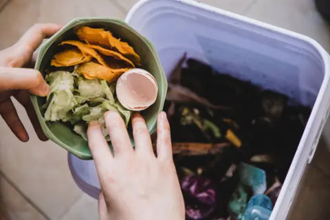 Getty Images A stock image of a close-up of female hand putting organic food scraps into the compost bin