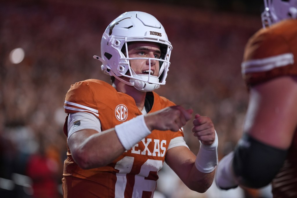 Arch Manning celebrates during the Texas-Sam Houston State game on Sept. 20, 2025.