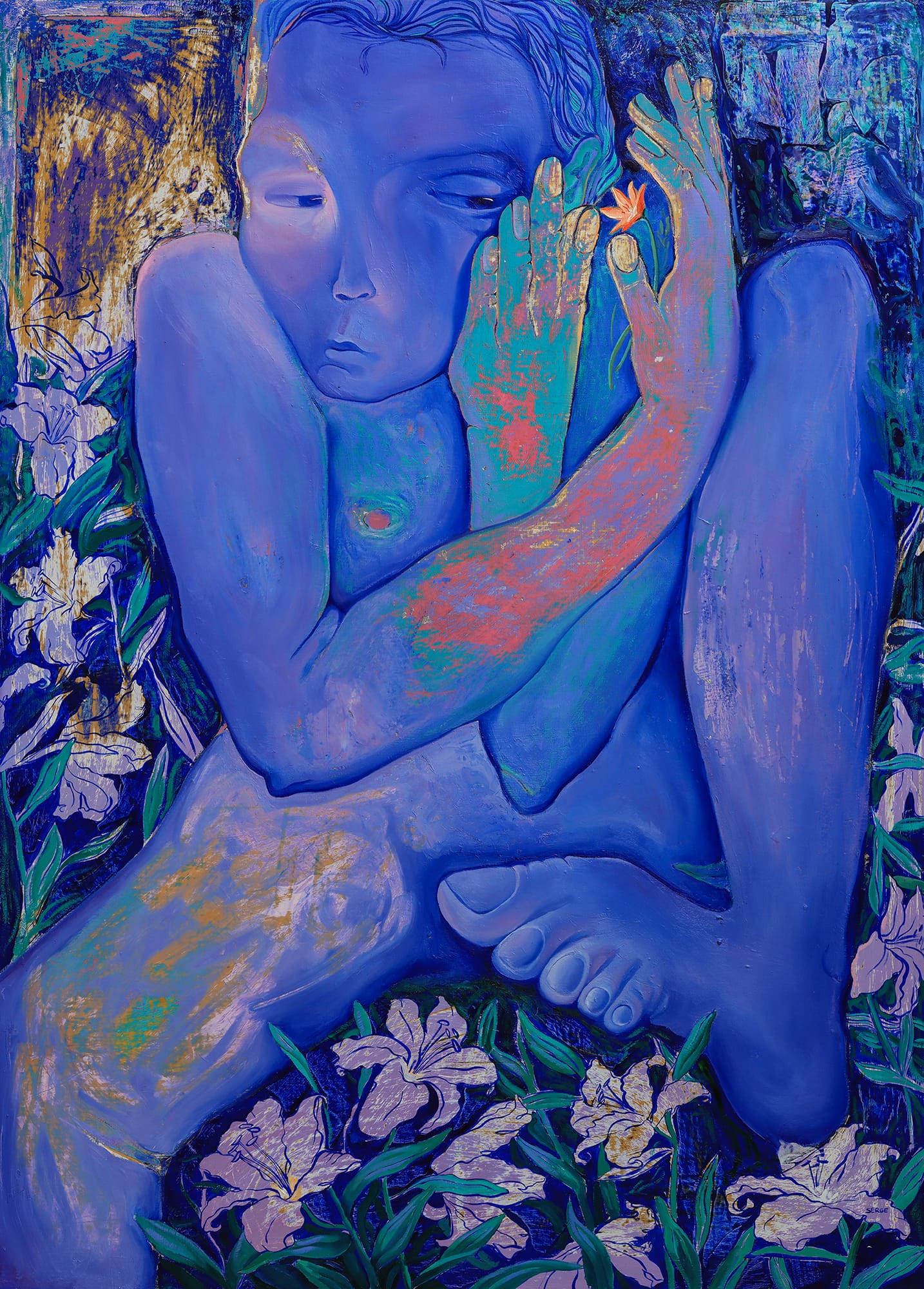 a blue, dreamlike painting by Sergiu Ciochina of a figure seated amid flowers and holding their hands to the side of their face