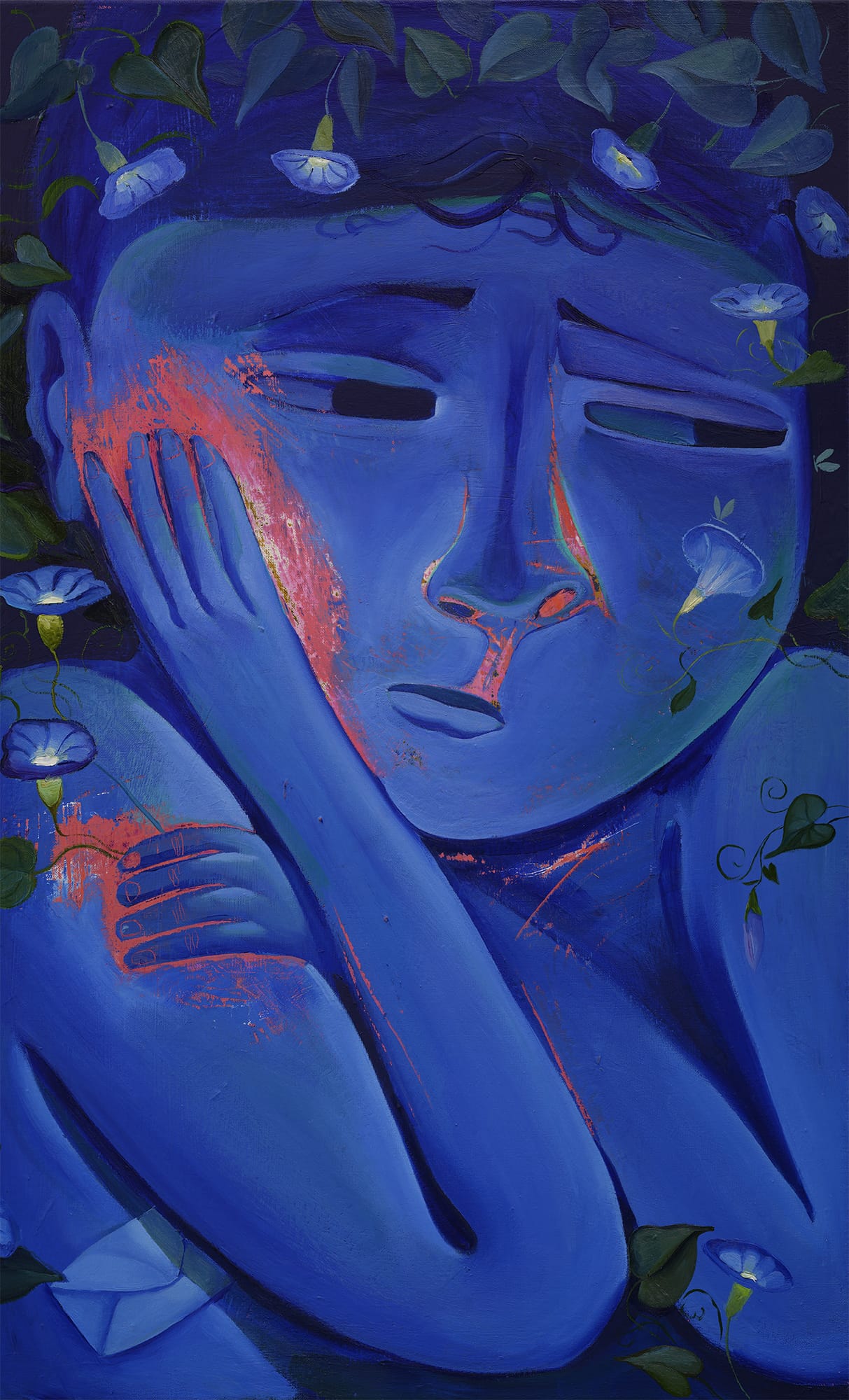 a blue, dreamlike painting by Sergiu Ciochina of a sleepy figure with their hands by their head, glowing pink where the skin touches
