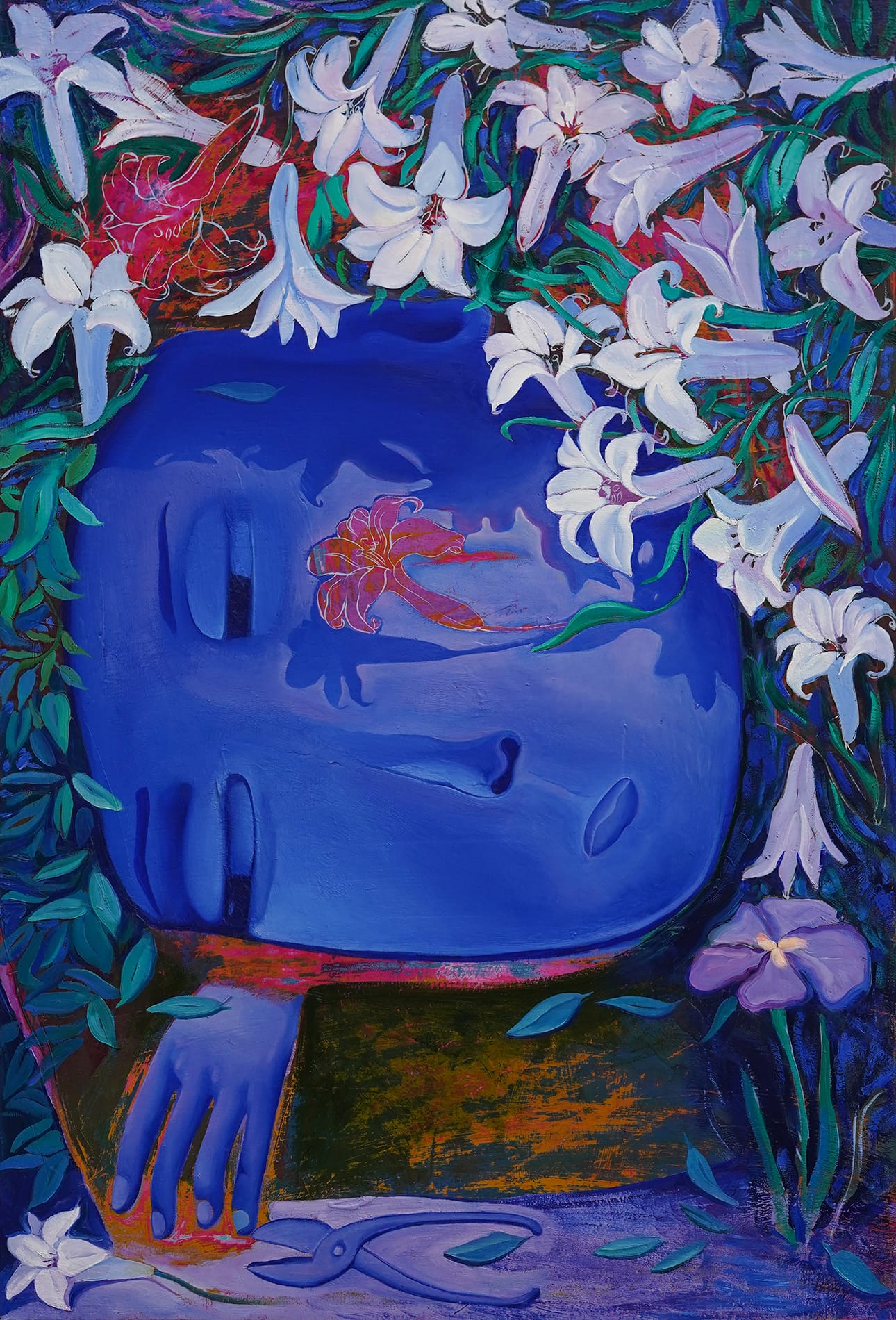 a blue, dreamlike painting by Sergiu Ciochina of a figure's head surrounded by flowers