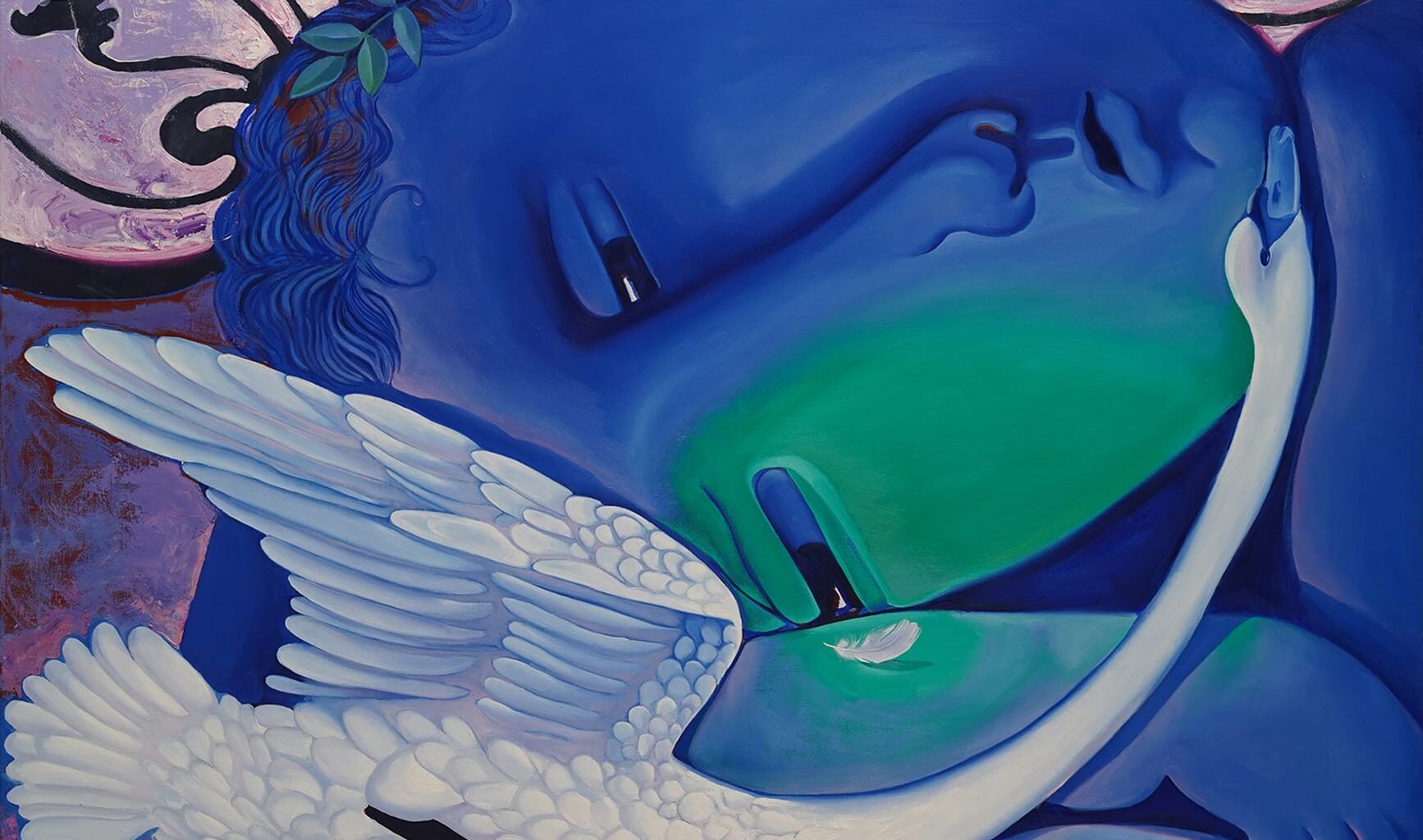 a blue, dreamlike painting by Sergiu Ciochina of a figure's face enveloped by a small swan