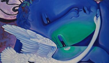 a blue, dreamlike painting by Sergiu Ciochina of a figure's face enveloped by a small swan