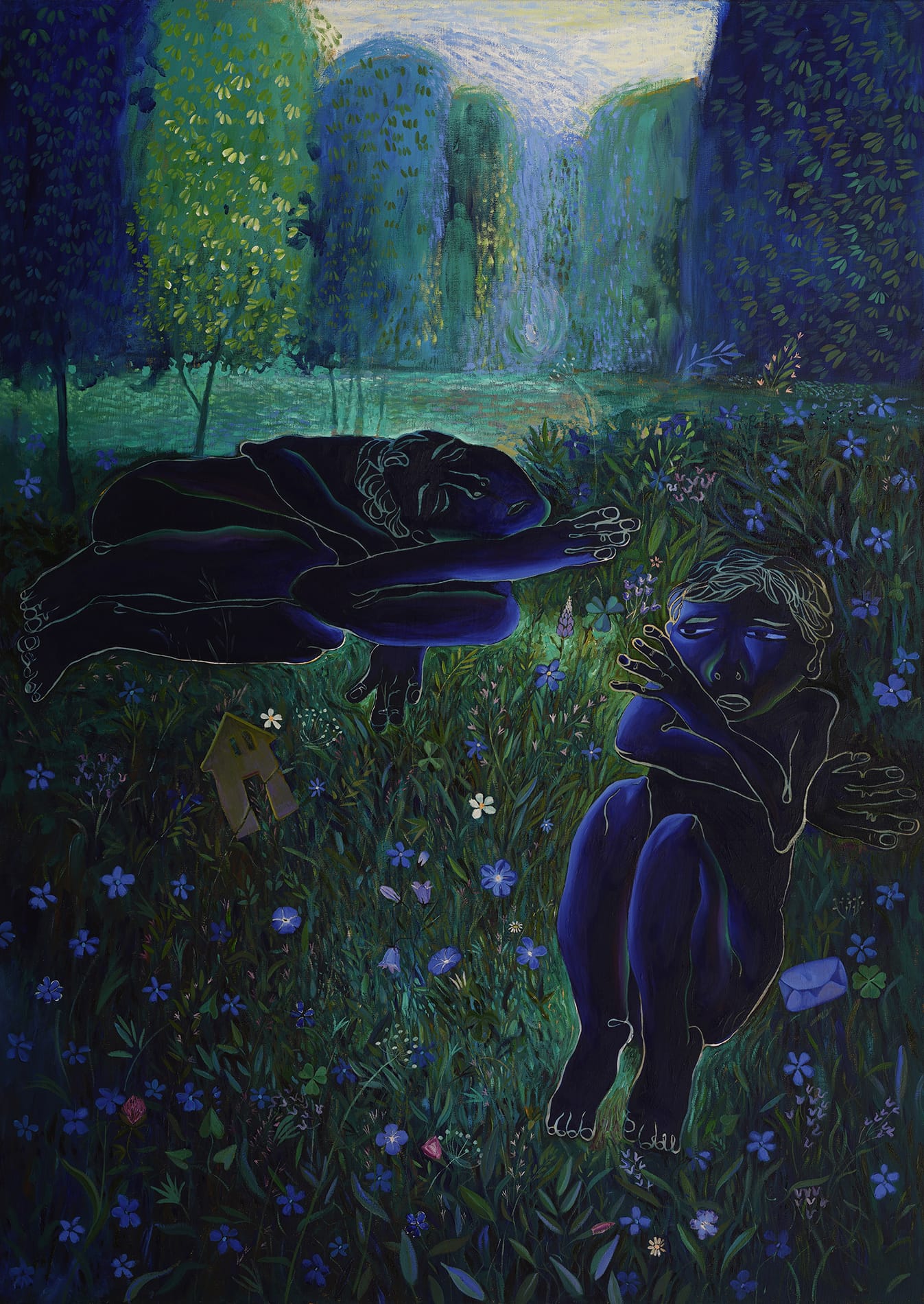 a dreamlike painting by Sergiu Ciochina of two figures in a darkened garden