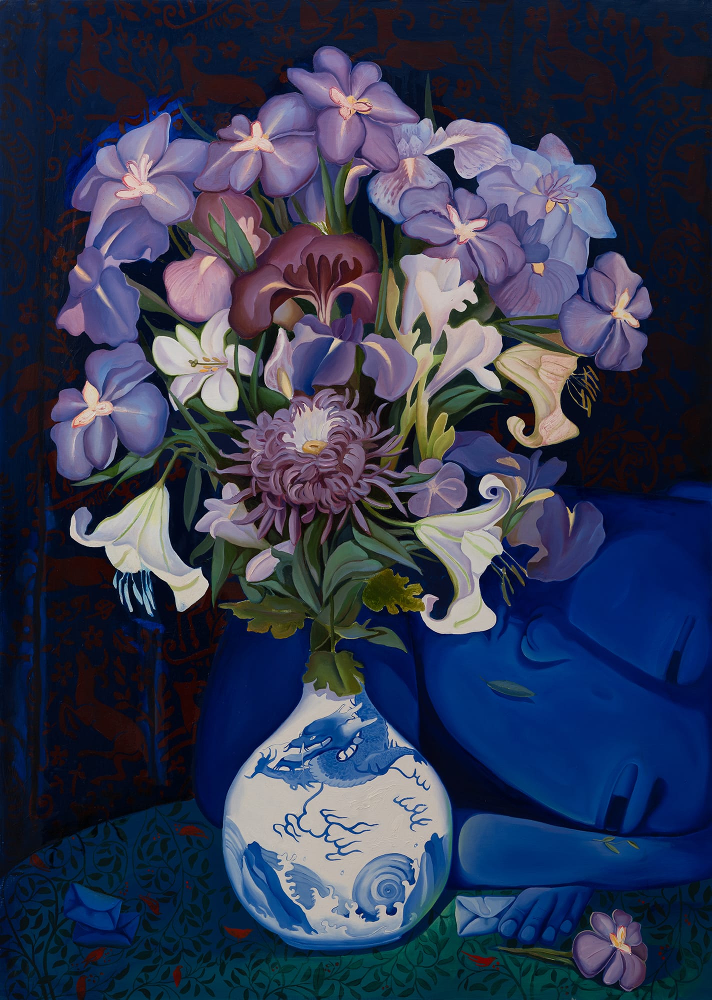 a dreamlike painting by Sergiu Ciochina of a blue figure with their head down beside a floral arrangement in a vase