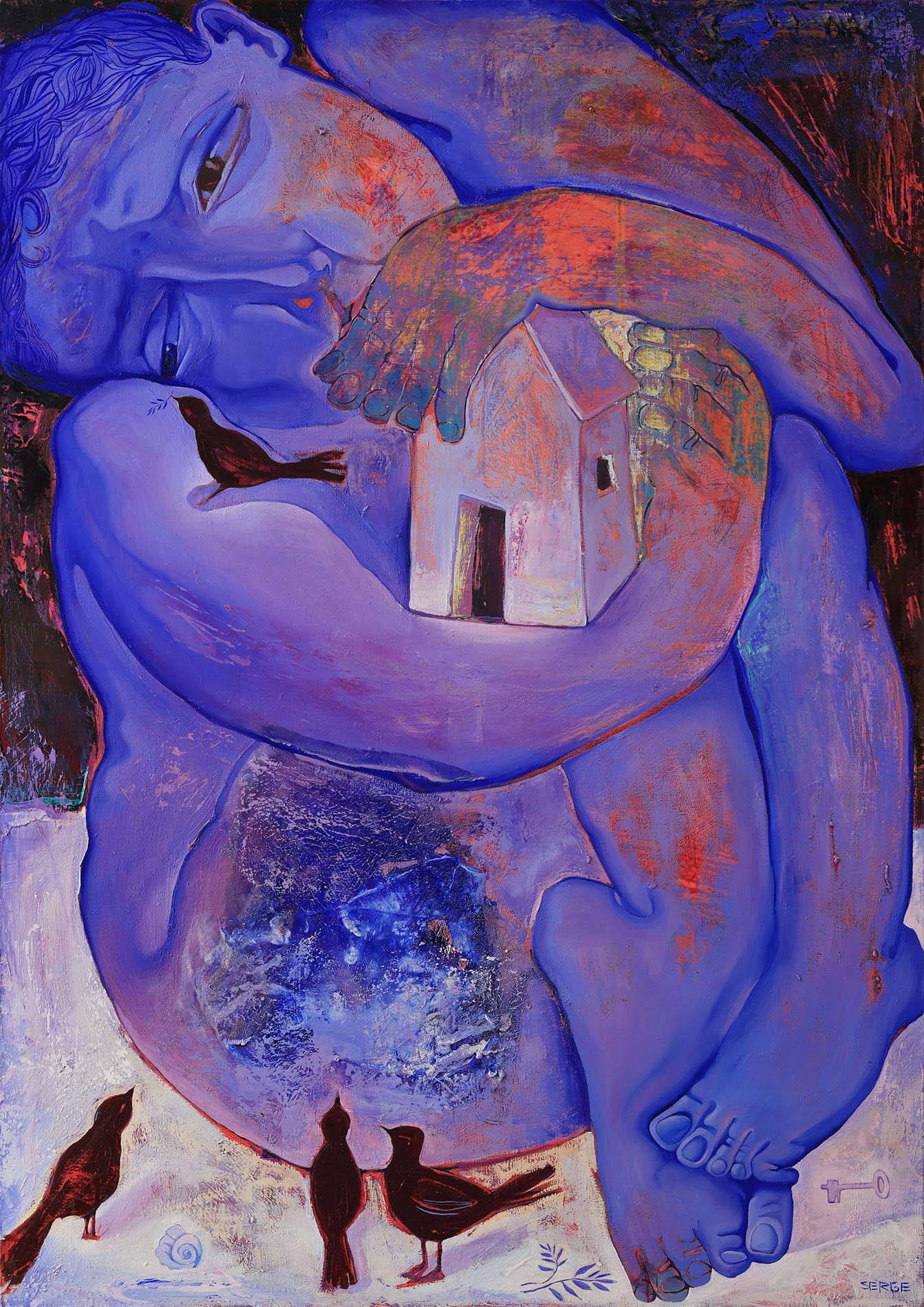 a bluish-violet, dreamlike painting by Sergiu Ciochina of a figure seated amid a small group of birds, holding a small house close to their body