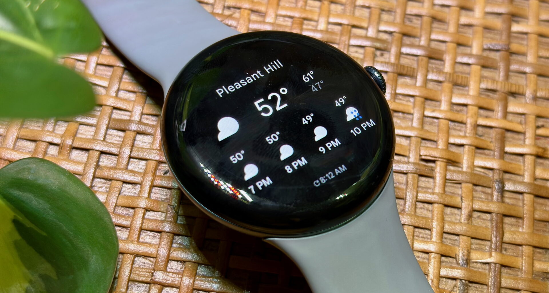 The Google Pixel Watch 3 showing the Weather tile, with an hourly forecast for the evening.