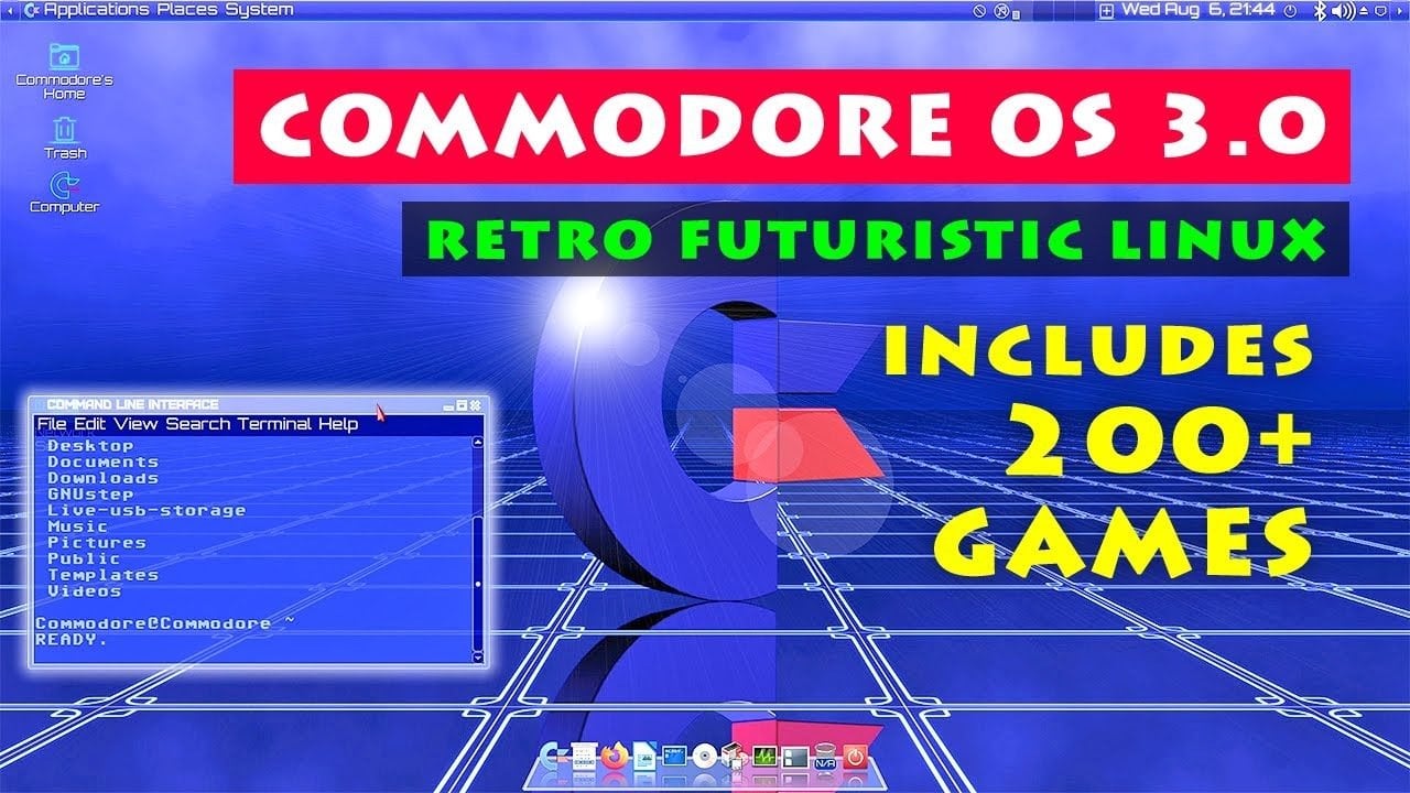 Commodore OS 3.0 retro desktop interface with vintage fonts and CRT-style design