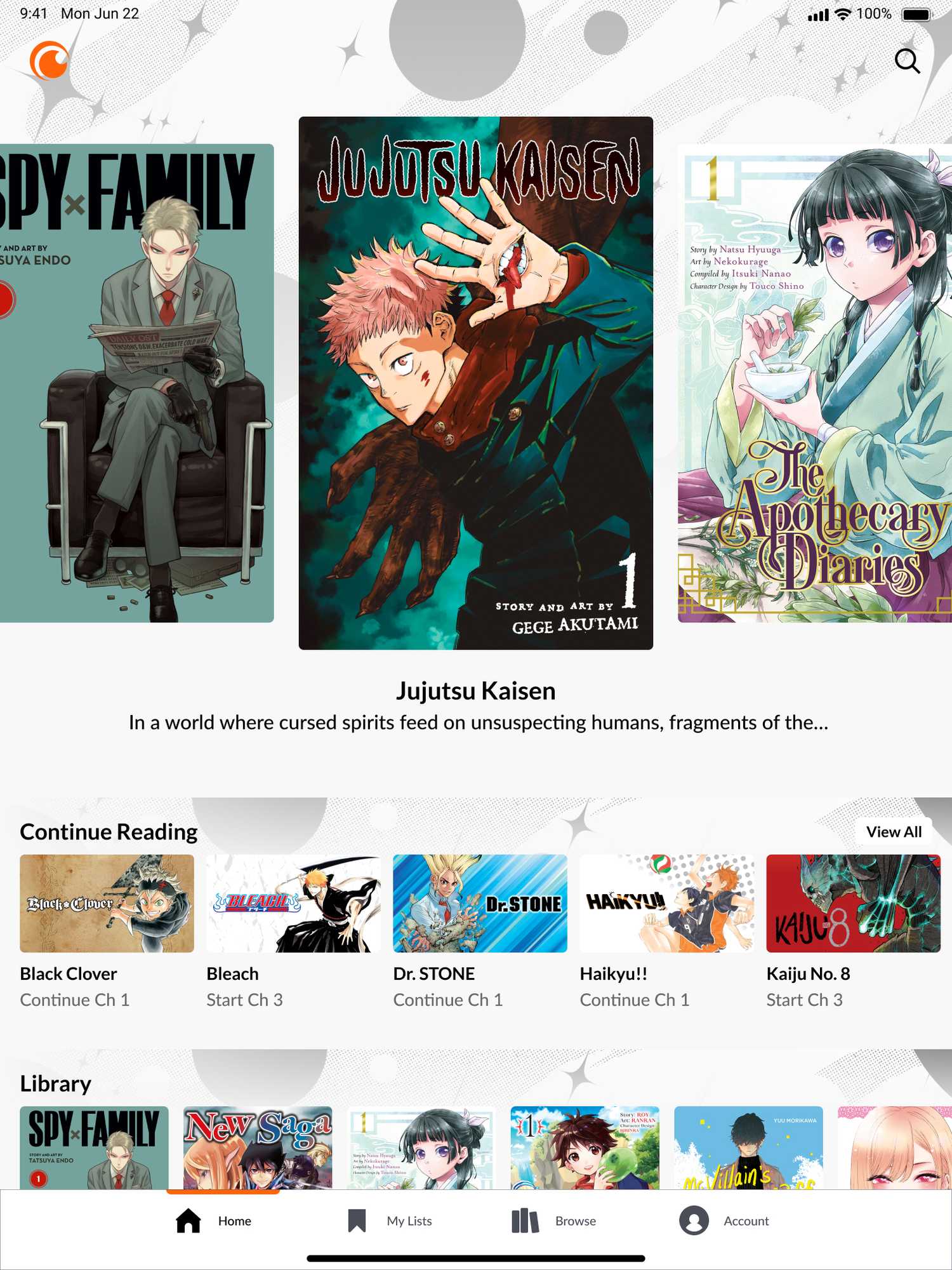 The home page of the Crunchyroll Manga app