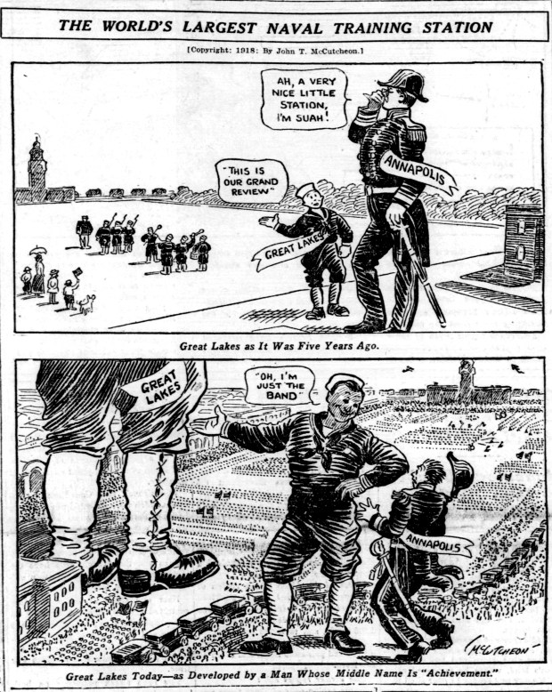 An illustration in the Aug. 18, 1918, Chicago Daily Tribune boasts of the great number of sailors at the Great Lakes Naval Station in Illinois. (John T. McCutcheon/Chicago Tribune)