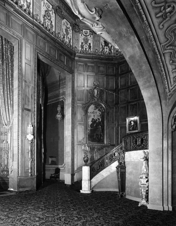The "gingerbread" style lobby at the Uptown Theatre on North Broadway in Chicago, circa 1931. (Chicago Herald and Examiner) 